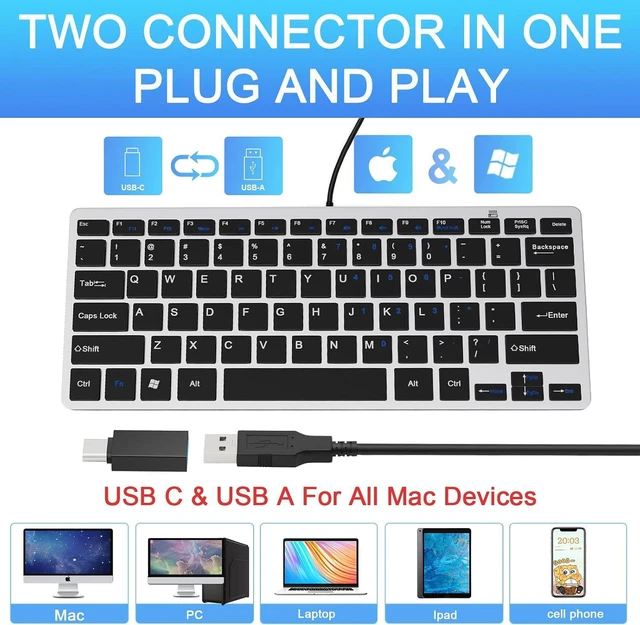 Alt view image 2 of 7 - Ultra-Slim 78keys USB Mini Wired Keyboard with Media Hotkeys for Apple Mac Pro, MacBook 56Pro/ iMac, Air, Mac mini, Laptop Computers, Windows PC 11/10/8/7, with USB-A to C OTG Adapter, Silver Black