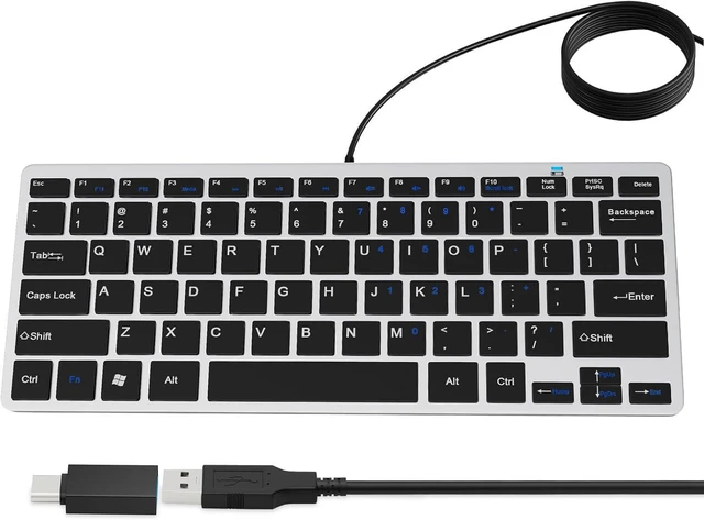 Main image of Ultra-Slim 78keys USB Mini Wired Keyboard with Media Hotkeys for Apple Mac Pro, MacBook 56Pro/ iMac, Air, Mac mini, Laptop Computers, Windows PC 11/10/8/7, with USB-A to C OTG Adapter, Silver Black