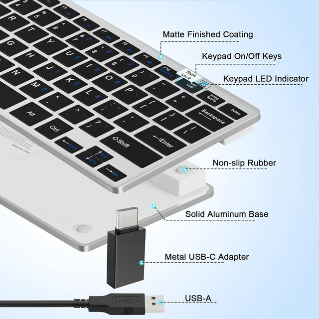 Alt view image 3 of 7 - Ultra-Slim 78keys USB Mini Wired Keyboard with Media Hotkeys for Apple Mac Pro, MacBook 56Pro/ iMac, Air, Mac mini, Laptop Computers, Windows PC 11/10/8/7, with USB-A to C OTG Adapter, Silver Black