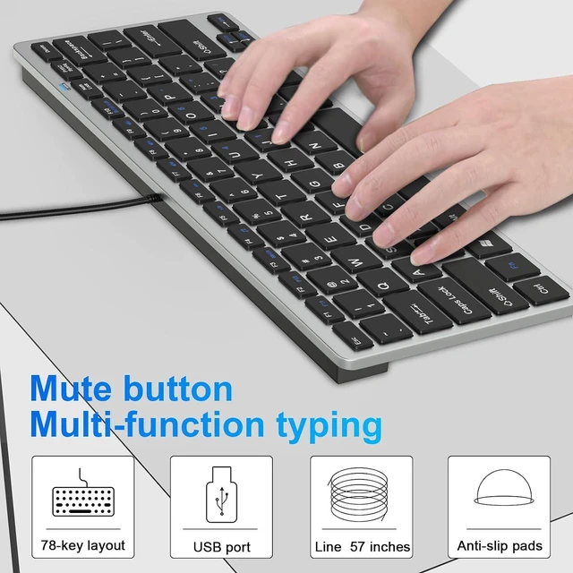 Alt view image 5 of 7 - Ultra-Slim 78keys USB Mini Wired Keyboard with Media Hotkeys for Apple Mac Pro, MacBook 56Pro/ iMac, Air, Mac mini, Laptop Computers, Windows PC 11/10/8/7, with USB-A to C OTG Adapter, Silver Black