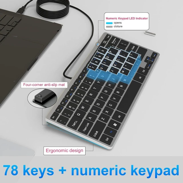 Alt view image 6 of 7 - Ultra-Slim 78keys USB Mini Wired Keyboard with Media Hotkeys for Apple Mac Pro, MacBook 56Pro/ iMac, Air, Mac mini, Laptop Computers, Windows PC 11/10/8/7, with USB-A to C OTG Adapter, Silver Black