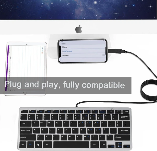 Alt view image 7 of 7 - Ultra-Slim 78keys USB Mini Wired Keyboard with Media Hotkeys for Apple Mac Pro, MacBook 56Pro/ iMac, Air, Mac mini, Laptop Computers, Windows PC 11/10/8/7, with USB-A to C OTG Adapter, Silver Black