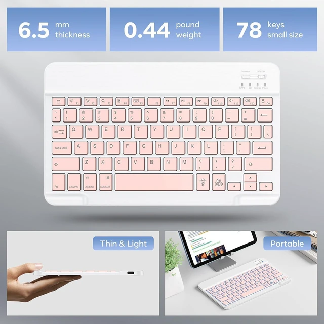 Alt view image 4 of 7 - OMOTON 7-Color Backlit Keyboard, Rechargeable Ultra-Slim for iPad, Pink | Multi-Color Backlight·Rechargeable 400mAh·Scissor-Switch Keys·Ultra-Thin O.5cm· Auto-Off Save·Quiet Typing·Fits iPad,iPhone
