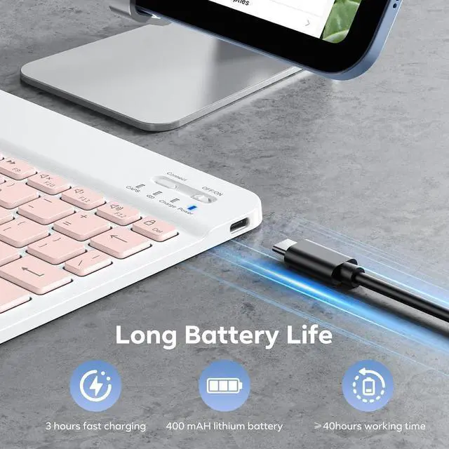 Alt view image 6 of 7 - OMOTON 7-Color Backlit Keyboard, Rechargeable Ultra-Slim for iPad, Pink | Multi-Color Backlight·Rechargeable 400mAh·Scissor-Switch Keys·Ultra-Thin O.5cm· Auto-Off Save·Quiet Typing·Fits iPad,iPhone