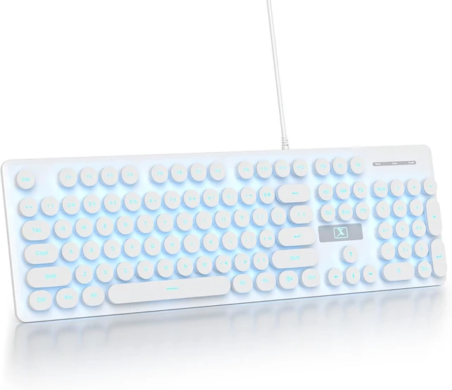 Main image of surmen Cute USB Keyboard Wired Retro Typewriter Style, Light Up Computer Keyboards Backlit with Round Keys Full Size 104 Keys for Office Women V300 White