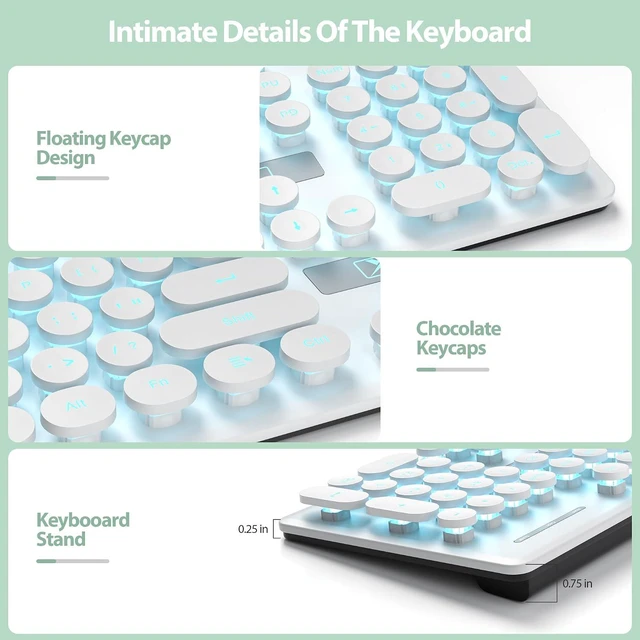 Alt view image 3 of 6 - surmen Cute USB Keyboard Wired Retro Typewriter Style, Light Up Computer Keyboards Backlit with Round Keys Full Size 104 Keys for Office Women V300 White