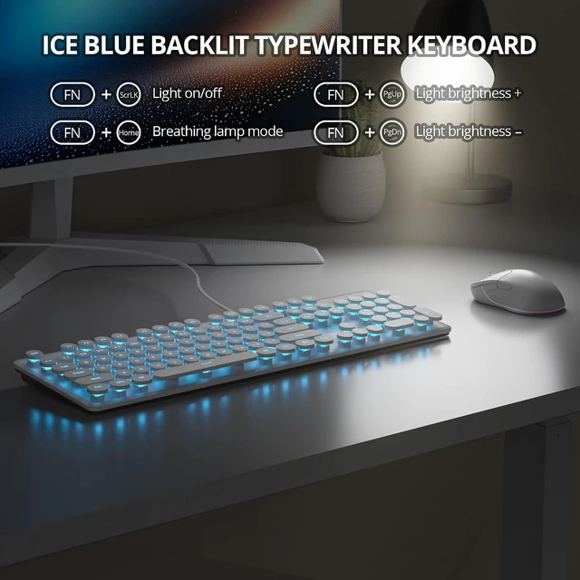 Alt view image 2 of 6 - surmen Cute USB Keyboard Wired Retro Typewriter Style, Light Up Computer Keyboards Backlit with Round Keys Full Size 104 Keys for Office Women V300 White