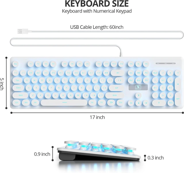 Alt view image 4 of 6 - surmen Cute USB Keyboard Wired Retro Typewriter Style, Light Up Computer Keyboards Backlit with Round Keys Full Size 104 Keys for Office Women V300 White