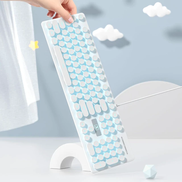 Alt view image 6 of 6 - surmen Cute USB Keyboard Wired Retro Typewriter Style, Light Up Computer Keyboards Backlit with Round Keys Full Size 104 Keys for Office Women V300 White