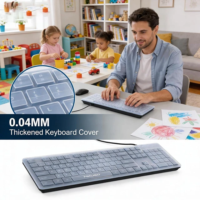 Alt view image 2 of 7 - Wired Keyboard with Cover, 104 Keys Laser-Etched Non-Fade Letter | 1.6m USB-A Cord, Spill-Resistant with dust-proof film, Full Size for Windows Mac PC Laptop, Office Home Business Programming