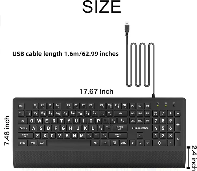 Alt view image 7 of 7 - Large Print Computer Keyboard,High Contrast Big Letter for Seniors Visually | Keyboard for elderly Low Vision,Non Fade Letter,Wired USB Full Size with Wrist Rest for WindowsNo Backlit