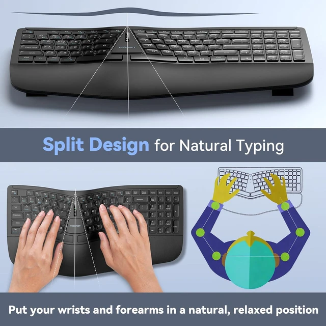 Alt view image 2 of 7 - TECKNET Wireless Ergonomic Keyboard Rechargeable, 2.4G+Bluetooth Ergo Cordless USB Computer Keyboard, Wrist Rest, Natural Typing, Stain-Resistant Fabric, Compatible For Windows Computer Desktop Laptop