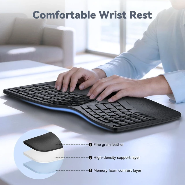 Alt view image 3 of 7 - TECKNET Wireless Ergonomic Keyboard Rechargeable, 2.4G+Bluetooth Ergo Cordless USB Computer Keyboard, Wrist Rest, Natural Typing, Stain-Resistant Fabric, Compatible For Windows Computer Desktop Laptop