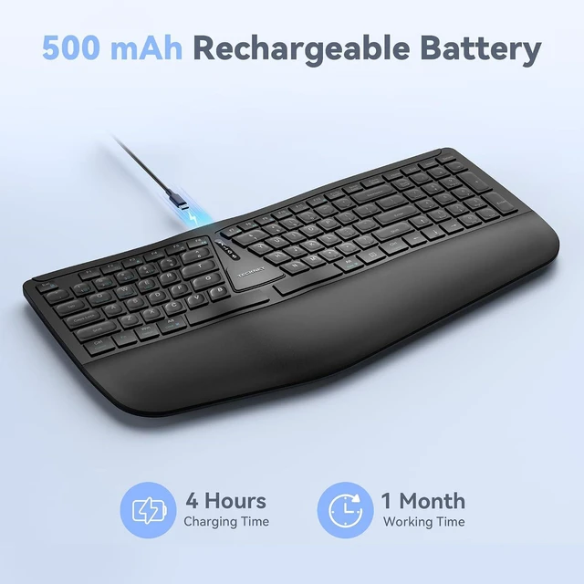 Alt view image 4 of 7 - TECKNET Wireless Ergonomic Keyboard Rechargeable, 2.4G+Bluetooth Ergo Cordless USB Computer Keyboard, Wrist Rest, Natural Typing, Stain-Resistant Fabric, Compatible For Windows Computer Desktop Laptop