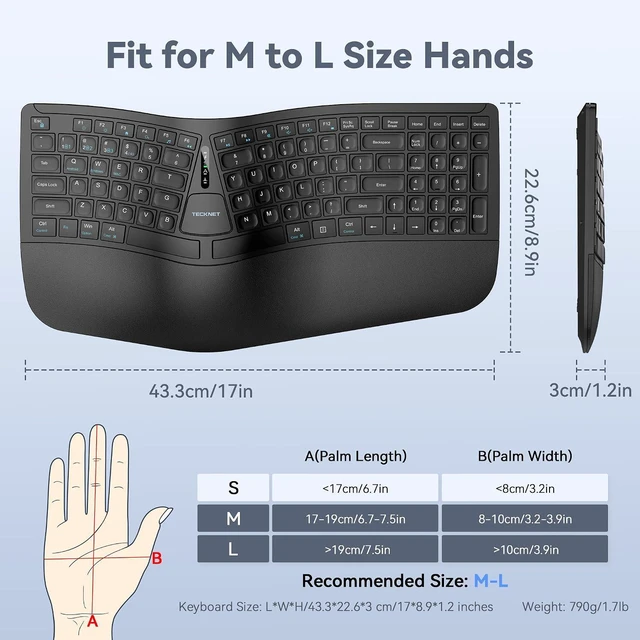 Alt view image 7 of 7 - TECKNET Wireless Ergonomic Keyboard Rechargeable, 2.4G+Bluetooth Ergo Cordless USB Computer Keyboard, Wrist Rest, Natural Typing, Stain-Resistant Fabric, Compatible For Windows Computer Desktop Laptop
