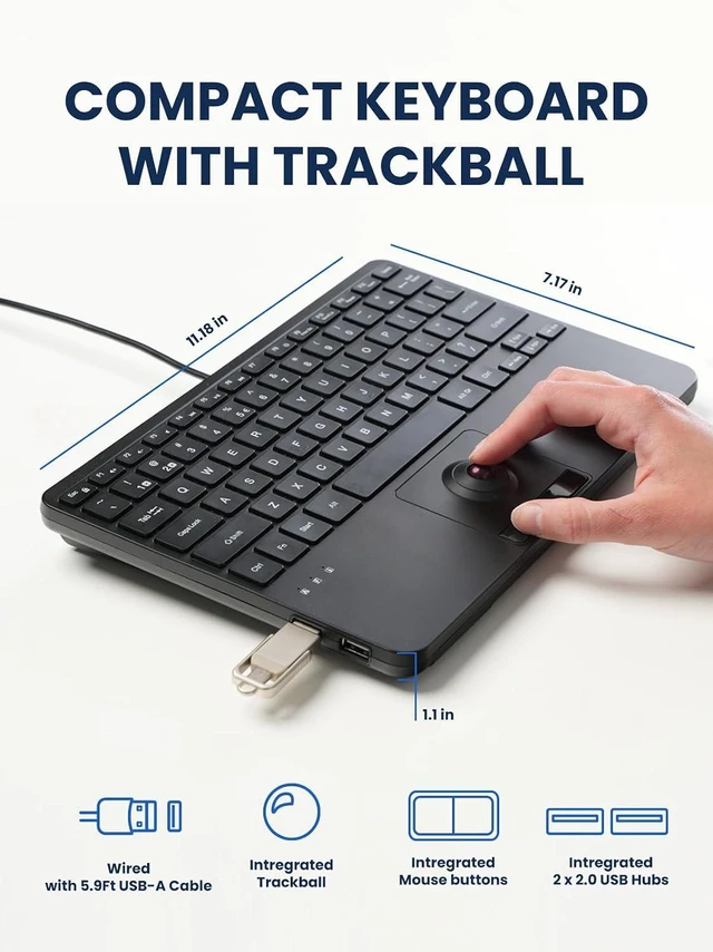 Alt view image 7 of 7 - Perixx PERIBOARD-427 US, Wired Backlit USB Keyboard with Trackball - White and Red Backlit Feature - Compact 11.18x7.17x1.1 Inches Dimension - Build-in 2 USB Hubs - US English