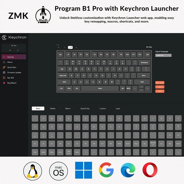 Alt view image 5 of 7 - Keychron B1 Pro Ultra-Slim ZMK/Launcher Wireless Bluetooth 2.4 GHz/Wired Connection Keyboard for Mac Windows Linux - Retro Red