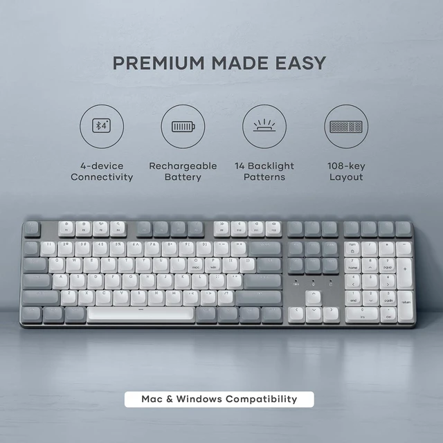 Alt view image 2 of 7 - Satechi SM3 Mechanical Keyboard, White LED Backlit, Light Gray/White | 108 Keys Full Size, Wired and Bluetooth, for Mac and Windows