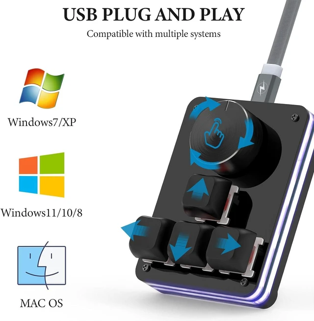 Alt view image 3 of 6 - Geekria USB Mini 4-Key + Knob Keyboard, One-Handed Mechanical Gaming Keyboard. Customizable Key Function RGB Silent Red Axis Keyboard, Compatible with Windows Xp/7/8/10/11 and Mac OS