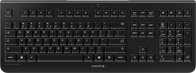 Main image of CHERRY KW 3000, Wireless Keyboard with Number Keypad, US International Layout (QWERTY), 2.4 GHz Radio Connection, Silent Keys, Flat Design, Battery Operated, Black