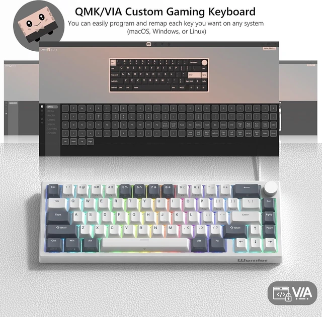 Alt view image 2 of 6 - Womier VK66 PRO 60% Gaming Keyboard Wired, QMK/VIA Creamy Mechanical Keyboard, Hot Swappable Gasket Mount RGB Key Board & Translucent Keycaps (White)