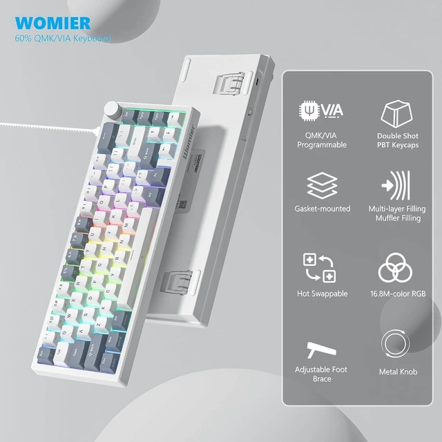 Alt view image 5 of 6 - Womier VK66 PRO 60% Gaming Keyboard Wired, QMK/VIA Creamy Mechanical Keyboard, Hot Swappable Gasket Mount RGB Key Board & Translucent Keycaps (White)