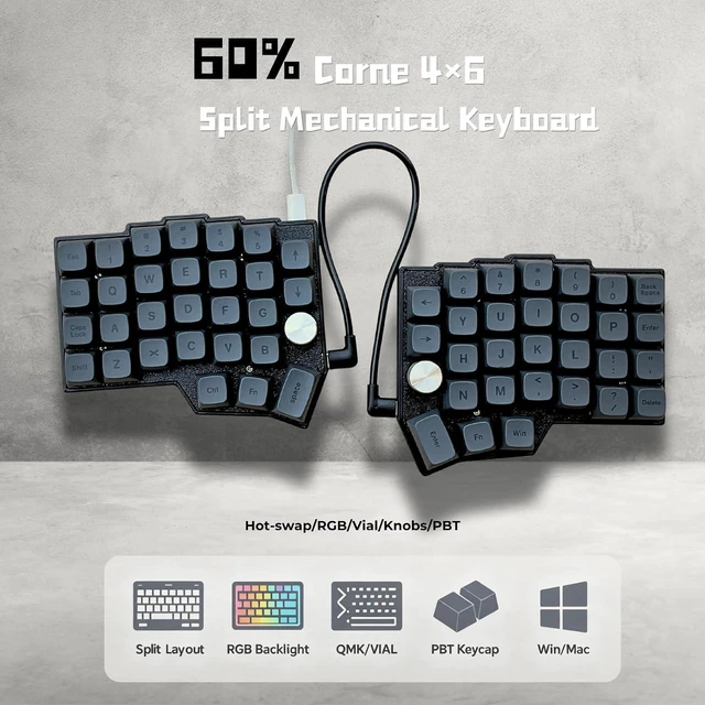 Alt view image 2 of 7 - 4×6 Corne Layout with knobs CORNE Wired Ergonomic Mechanical Keyboard,60% Orthol inear Layout,Hot-swappable,RGB,Vial remapping Support,pre-lubed Linear switches (Silent Switch)