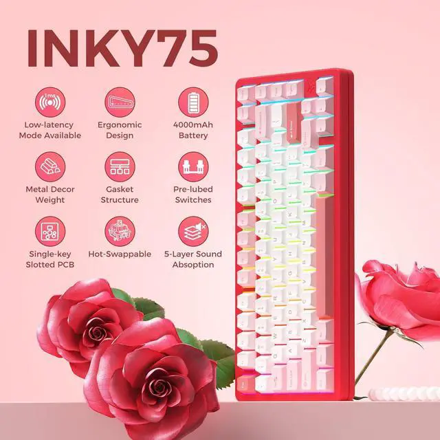 Alt view image 3 of 7 - MK INKY75 Mechanical Keyboard with Full Aluminum Wireless Mechanical Gaming Keyboard, 75% Layout Mechanical Keyboard BT/2.4G/USB-C,Hot Swappable, Creamy Sounding, RGB/PP/4000mAh(Very Raspberry)