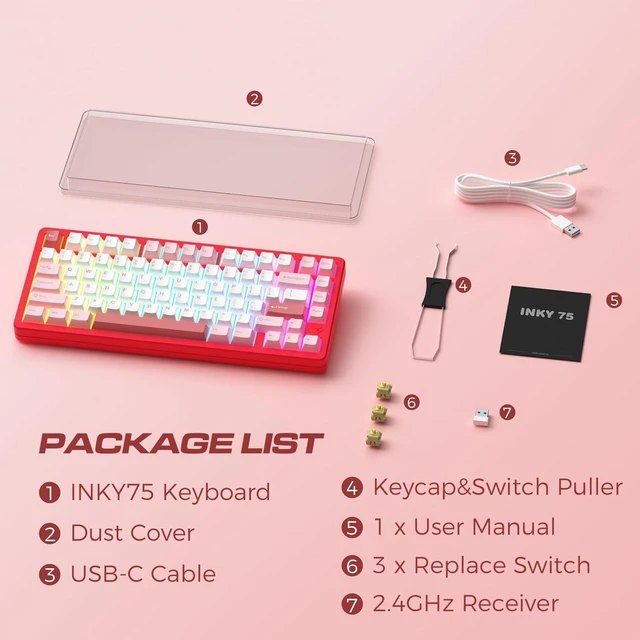 Alt view image 7 of 7 - MK INKY75 Mechanical Keyboard with Full Aluminum Wireless Mechanical Gaming Keyboard, 75% Layout Mechanical Keyboard BT/2.4G/USB-C,Hot Swappable, Creamy Sounding, RGB/PP/4000mAh(Very Raspberry)