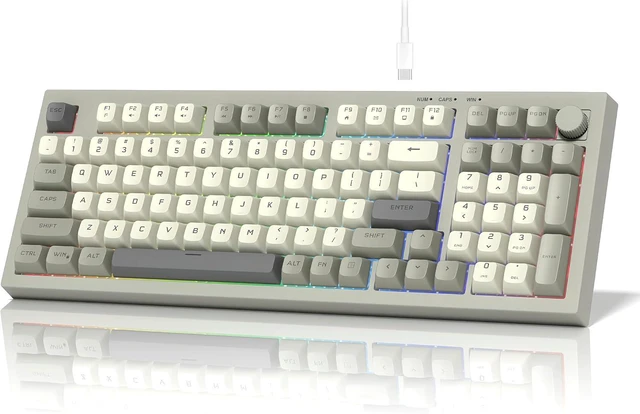 Main image of DK98 Wired Gaming Keyboard Creamy Membrane with Rainbow RGB Backlight - Quiet,Volume Knob,Retro PBT Keycap 97 Key ANSI Layout Compatible with Windows 10/8.1/8/7 (Grey)