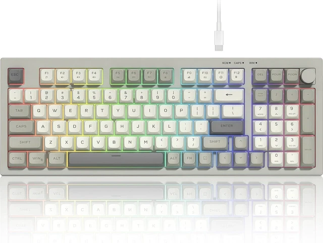 Alt view image 7 of 7 - DK98 Wired Gaming Keyboard Creamy Membrane with Rainbow RGB Backlight - Quiet,Volume Knob,Retro PBT Keycap 97 Key ANSI Layout Compatible with Windows 10/8.1/8/7 (Grey)