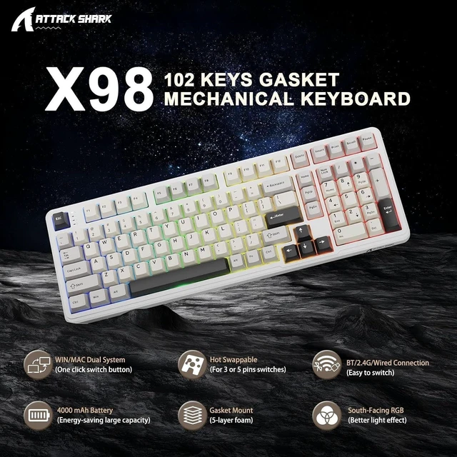 Alt view image 2 of 7 - ATTACK SHARK X98 Wireless Mechanical Keyboard,Tri-Mode BT5.0/2.4GHz/USB-C Hot-Swappable,Gasket Mount with Pre-lubed Linear Switches,PBT Keycaps,RGB Backlit Gaming Keyboard for PC/Tablet/PS5/Xbox