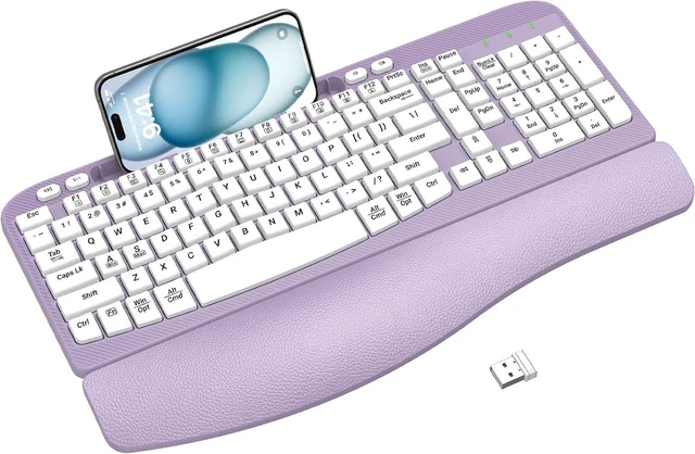 Main image of EAYBLLY 2.4G Wireless Ergonomic Keyboard, Full Size Wave Keys with Memory Foam Wrist Rest & 7.28in Phone Holder, USB-C Adapter Included for Windows Mac Chrome OS, Office or Home (Purple)