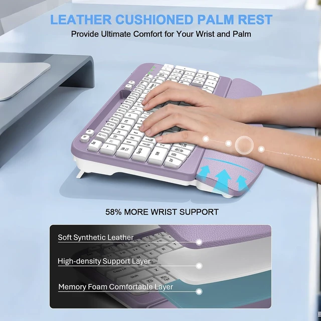 Alt view image 3 of 7 - EAYBLLY 2.4G Wireless Ergonomic Keyboard, Full Size Wave Keys with Memory Foam Wrist Rest & 7.28in Phone Holder, USB-C Adapter Included for Windows Mac Chrome OS, Office or Home (Purple)