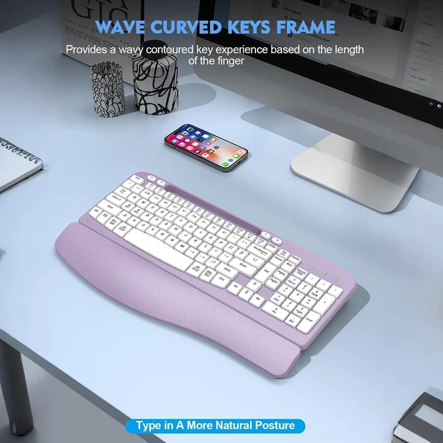 Alt view image 5 of 7 - EAYBLLY 2.4G Wireless Ergonomic Keyboard, Full Size Wave Keys with Memory Foam Wrist Rest & 7.28in Phone Holder, USB-C Adapter Included for Windows Mac Chrome OS, Office or Home (Purple)