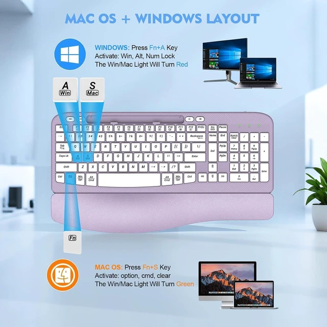 Alt view image 6 of 7 - EAYBLLY 2.4G Wireless Ergonomic Keyboard, Full Size Wave Keys with Memory Foam Wrist Rest & 7.28in Phone Holder, USB-C Adapter Included for Windows Mac Chrome OS, Office or Home (Purple)