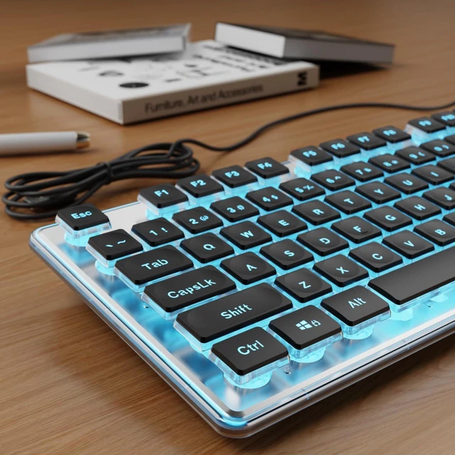 Main image of Wired Keyboard with Blue Backlight Pudding Keycaps, Full Size, Black | Quiet Computer Keyboard Easy-to-Read, Never Fade, Metal Panel, USB Cute Desk Setup for Windows PC Desktop, EWEADN