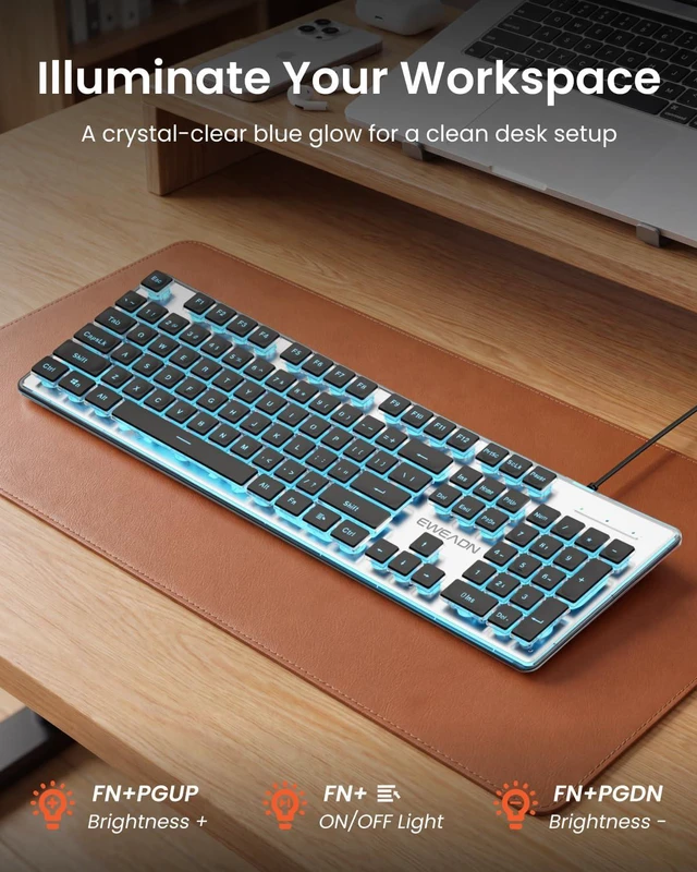 Alt view image 4 of 7 - Wired Keyboard with Blue Backlight Pudding Keycaps, Full Size, Black | Quiet Computer Keyboard Easy-to-Read, Never Fade, Metal Panel, USB Cute Desk Setup for Windows PC Desktop, EWEADN