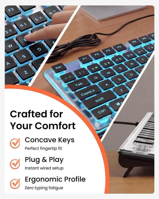 Alt view image 6 of 7 - Wired Keyboard with Blue Backlight Pudding Keycaps, Full Size, Black | Quiet Computer Keyboard Easy-to-Read, Never Fade, Metal Panel, USB Cute Desk Setup for Windows PC Desktop, EWEADN
