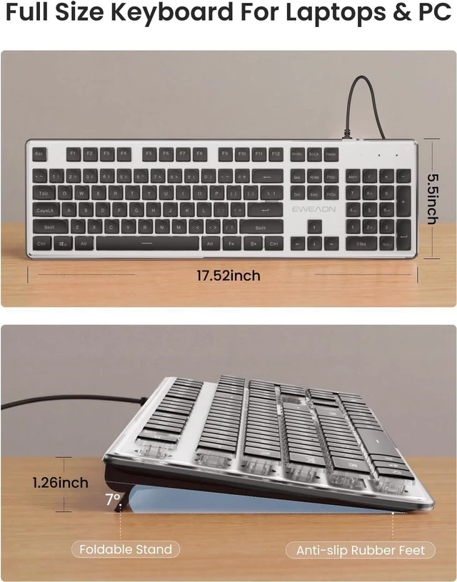 Alt view image 7 of 7 - Wired Keyboard with Blue Backlight Pudding Keycaps, Full Size, Black | Quiet Computer Keyboard Easy-to-Read, Never Fade, Metal Panel, USB Cute Desk Setup for Windows PC Desktop, EWEADN
