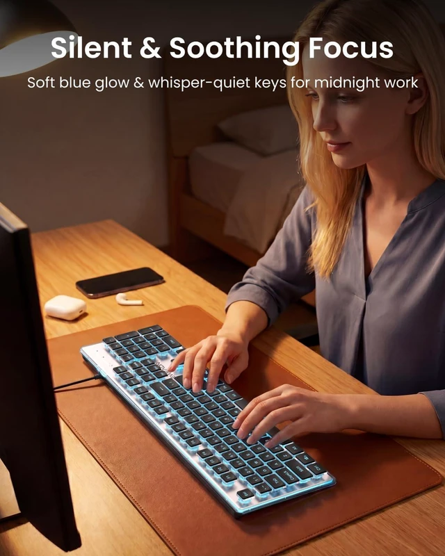 Alt view image 5 of 7 - Wired Keyboard with Blue Backlight Pudding Keycaps, Full Size, Black | Quiet Computer Keyboard Easy-to-Read, Never Fade, Metal Panel, USB Cute Desk Setup for Windows PC Desktop, EWEADN