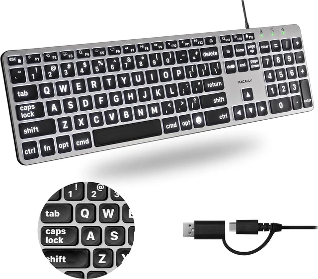 Main image of Macally Wired Keyboard for Mac (USB C + A) - Large Print and Backlit for Apple - 107 Key Full Size Large Letters USB C Keyboard for MacBook Pro/Air, Mac mini, iMac