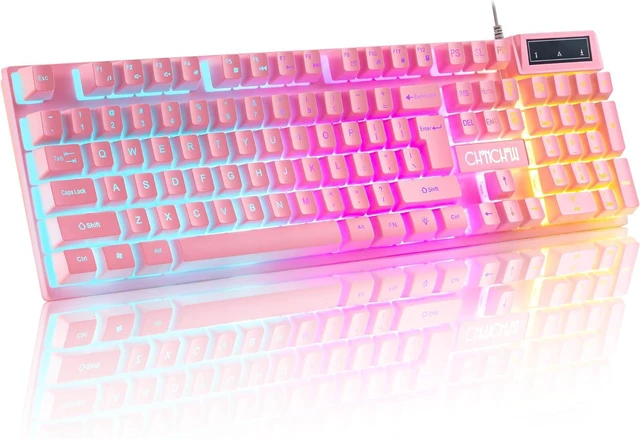 Main image of Pink Creamy Keyboard with LED Backlit, 104 Keys Full Size, Anti-Ghosting, Multimedia Function Keys, 3 Colors Light Up, USB Wired Gaming Keyboard for PC, Computer, Desktop, Laptop, PS4