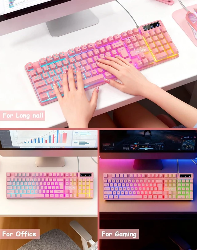 Alt view image 3 of 7 - Pink Creamy Keyboard with LED Backlit, 104 Keys Full Size, Anti-Ghosting, Multimedia Function Keys, 3 Colors Light Up, USB Wired Gaming Keyboard for PC, Computer, Desktop, Laptop, PS4