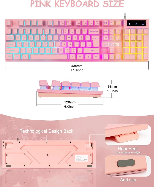 Alt view image 7 of 7 - Pink Creamy Keyboard with LED Backlit, 104 Keys Full Size, Anti-Ghosting, Multimedia Function Keys, 3 Colors Light Up, USB Wired Gaming Keyboard for PC, Computer, Desktop, Laptop, PS4