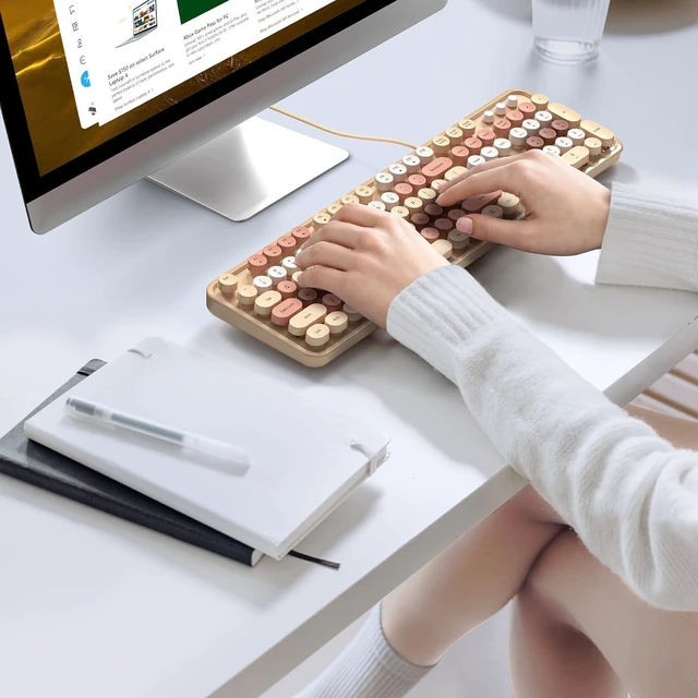 Alt view image 3 of 7 - KNOWSQT Wired Computer Keyboard - Milk Tea Colorful Full-Size Round Keycaps Typewriter Keyboards for Windows, Laptop, PC, Desktop, Mac