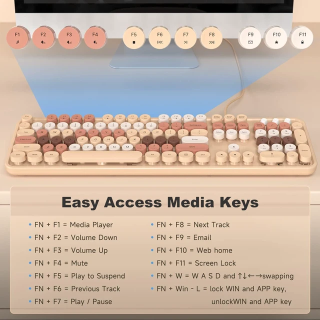 Alt view image 5 of 7 - KNOWSQT Wired Computer Keyboard - Milk Tea Colorful Full-Size Round Keycaps Typewriter Keyboards for Windows, Laptop, PC, Desktop, Mac
