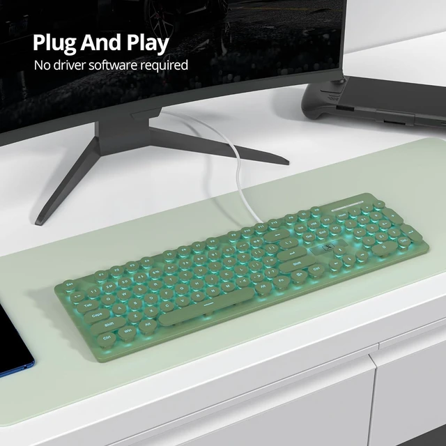 Alt view image 3 of 7 - Wired Retro Typewriter Keyboard, Quiet Computer Keyboard Light up with Full Size 104 Round Keys Blue LED Backlit Slim Silent for Windows PC Laptop(Dark Green)
