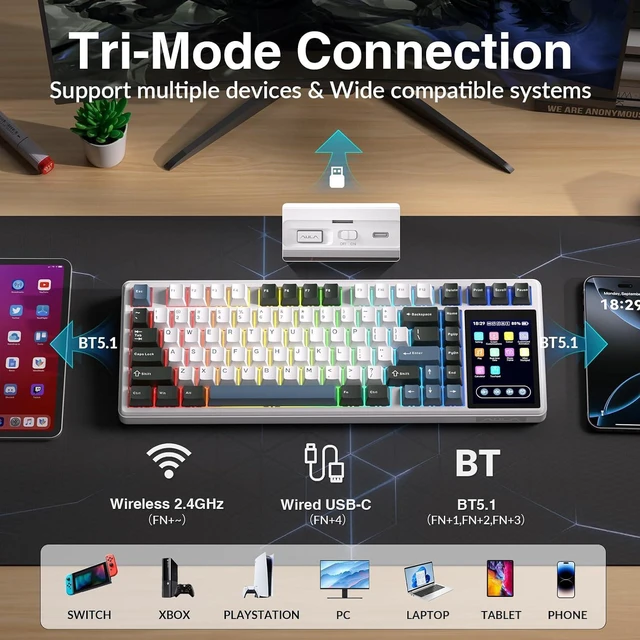 Alt view image 6 of 7 - Aula L99 Wireless Mechanical Gaming Creamy Keyboard with Smart Touch Screen | Tri-Mode Hot Swappable Custom Keyboard,RGB Backlit,PBT Keycap,Gasket Mount Creamy Sounding Keyboards for Office PC,84 Keys