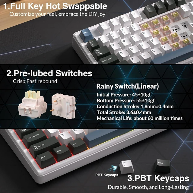 Alt view image 7 of 7 - Aula L99 Wireless Mechanical Gaming Creamy Keyboard with Smart Touch Screen | Tri-Mode Hot Swappable Custom Keyboard,RGB Backlit,PBT Keycap,Gasket Mount Creamy Sounding Keyboards for Office PC,84 Keys